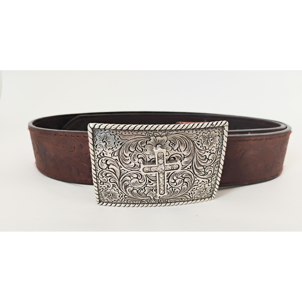 Nocona Belt Western Mens 30 Brown Leather Floral Embossed Cross Buckle N1011644